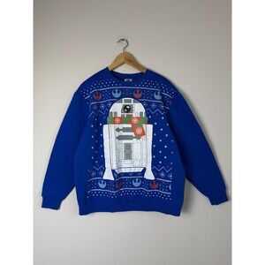 Star Wars Mens Cotton Blend Sweatshirt R2D2 Holiday Crew XL Novelty Blue Ugly